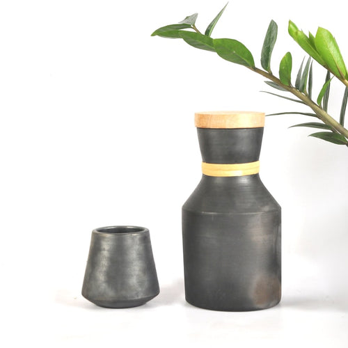 HandmadeTerracotta earthen Jug/Clay Hand Pitcher with Wooden Lid for your Home/Office/Dinning and Table top - Double fired from Earthen collection(Black) - 800ml + 1 Glass-Terracotta-Claymango.com