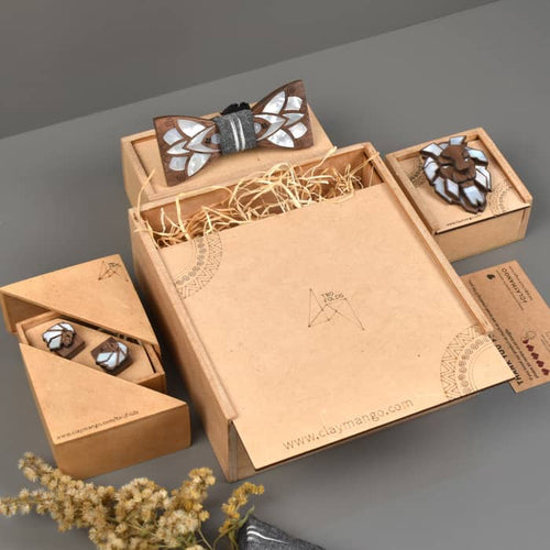 Assorted Gift hamper from Twofolds - 1 Lion Mother of pearl Brooch + Best Man's Pick bow-tie with Ikkat fabric pocket square from Seafret collection + 1 Lion MOP cufflinks-Gift Box-Claymango.com
