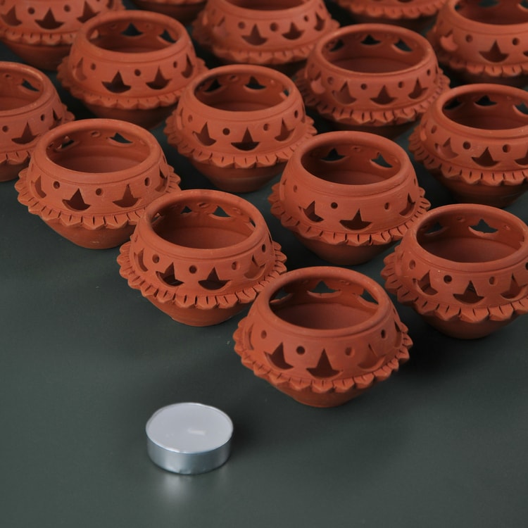 DVI - Set of 20,40,60 &100 - Handcrafted terracotta Tealight lamp for your study table, dining table, side table from Festive collection - Festive + All season ( Tealight candles also included )-Terracotta-Claymango.com