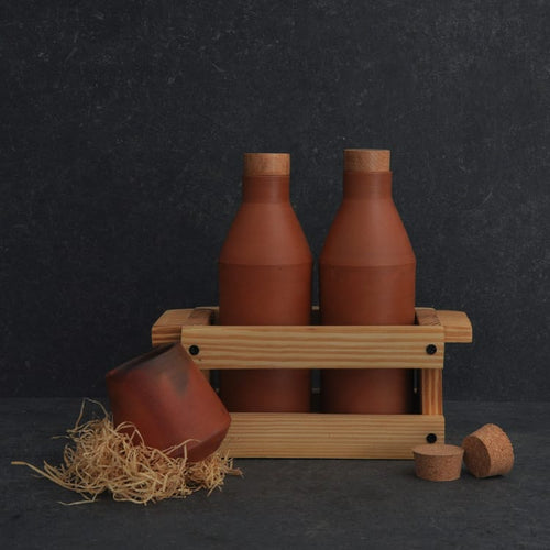 Handmade Minima Terracotta clay 500ml bottle Set of 2 bottles with wooden lid and cork. + wooden crate-Terracotta-Claymango.com