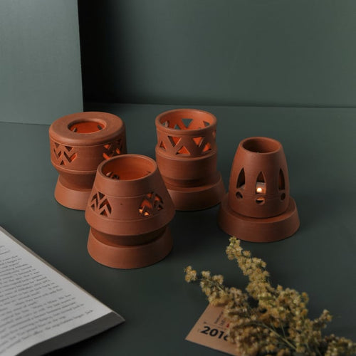 SET OF 4 - Handcrafted terracotta Tealight lamp (minimal & Contemporary) for your study table, dining table, side table from Festive collection-Terracotta-Claymango.com