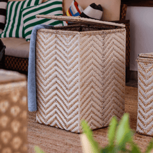 Load image into Gallery viewer, Tide Upcycled Plastic Laundry Basket - Sirohi - Colour_Gold, Colour_White, Purpose_Storage, rope material _macrame, Rope Material_Plastic Waste
