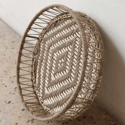 Roka Upcycled Plastic Tray - Sirohi - colour_beige, Colour_Gold, purpose_decor, Purpose_Storage, Rope Material_Natural Jute Fibre, Rope Material_Plastic Waste