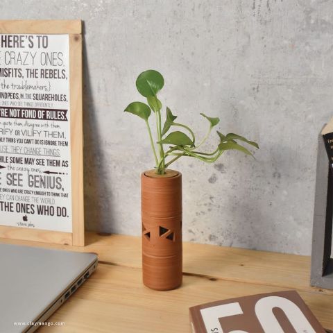 Unique Handmade glass tube Terracotta (clay) Table Top Planter for your workstation Hand cut.-Terracotta-Claymango.com