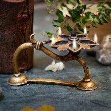 Load image into Gallery viewer, Vintage Handcrafted brass oil lamp with 5 diyas being protected by a naga.-Claymango.com
