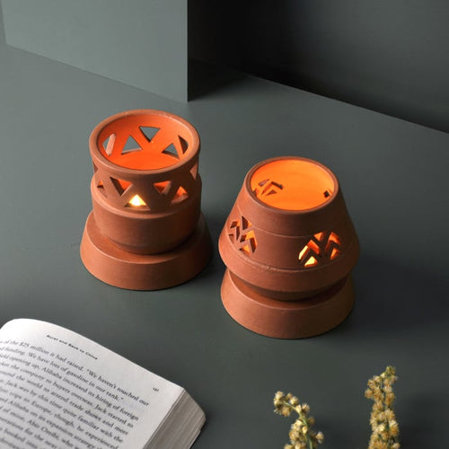 SET OF 2 - (SAMARA - VIPASSANA) - handcrafted terracotta Tealight lamp (minimal & Contemporary) for your study table, dining table, side table from Festive collection-Terracotta-Claymango.com