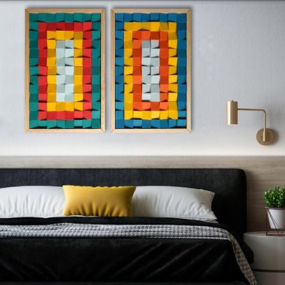 Set of Two Frames abstract colour Modern Wooden pixel Wall sculpture.-Home Décor-Claymango.com