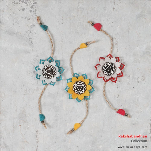 SET OF 3 - Handcrafted Mandala Block Rakhi from Bloom Collection - (Teal & Yellow) + ( Teal & White ) + (Red & White)-Rakhi-Claymango.com