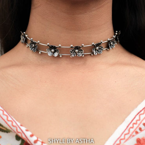 Qurbat Intricate Flower Choker - 92.5 Sterling Silver-Jewellery-Claymango.com