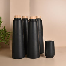 Load image into Gallery viewer, Set of 4 Double baked Black HandmadeTerracotta Earthen (mitti) Clay Bottle - 800ml with Cork and Wooden lid ( Natural Texture- No colours or Chemicals used )-Terracotta-Claymango.com
