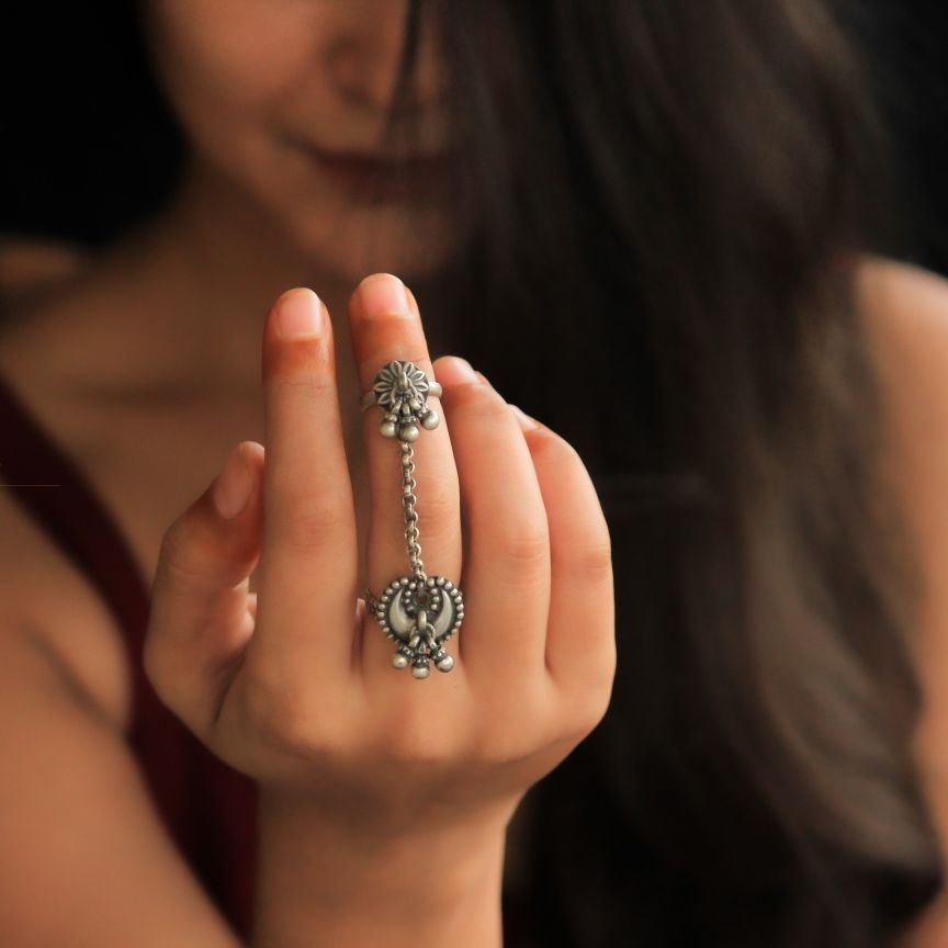 Moh Dual Chain Ring - 92.5 Sterling Silver-Jewellery-Claymango.com