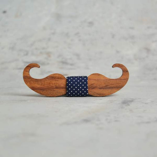 Light Brown wooden moustache bowtie Blue dots Pocket square - TF1043-Mens Accessories-Claymango.com