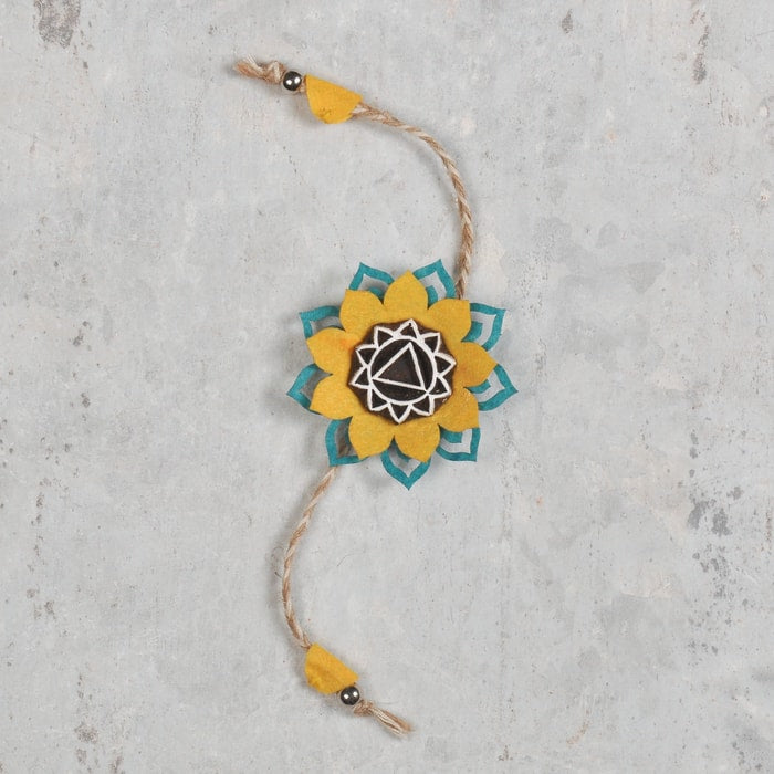 Handcrafted Mandala Block Rakhi from Bloom Collection - (Teal & Yellow)-Rakhi-Claymango.com