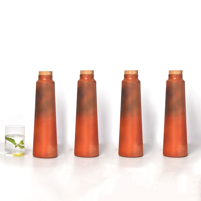 Set of 4 - HandmadeTerracotta Earthen Clay Bottle - 800ml with wooden lid and cork-Terracotta-Claymango.com