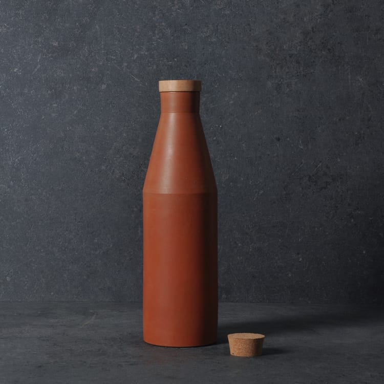 Handmade Terracotta Earthen Clay Bottle with cork and wooden lid - 900ml-Terracotta-Claymango.com
