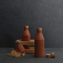 Load image into Gallery viewer, Handmade Minima Terracotta clay 500ml bottle Set of 2 bottles with wooden lid and cork. + wooden crate-Terracotta-Claymango.com
