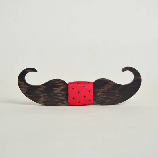 Dark brown Wooden moustache bowtie Red plus Pocket Square - TF10022-Mens Accessories-Claymango.com