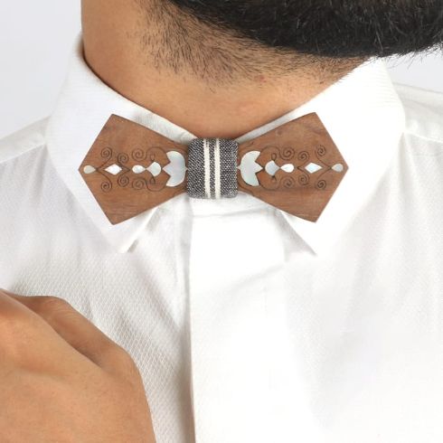 Seorse handcrafted bow-tie with Ikkat fabric pocket square from Seafret collection ( handcrafted by using MOTHER OF PEARL inlay technique on wood)-Mens Accessories-Claymango.com