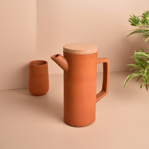 Minimal, Sleek & contemporary HandmadeTerracotta earthen Jug/Clay Pitcher for your Home/Office/Dinning and Table top - Double fired from Earthen collection - 1000ml/1 litre with Wooden lid-Terracotta-Claymango.com