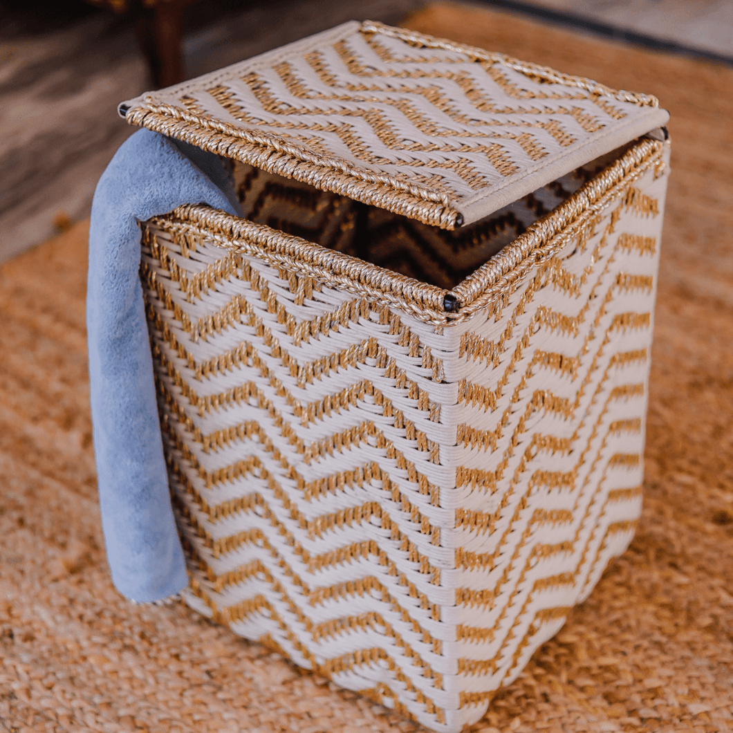 Tide Upcycled Plastic Laundry Basket - Sirohi - Colour_Gold, Colour_White, Purpose_Storage, rope material _macrame, Rope Material_Plastic Waste