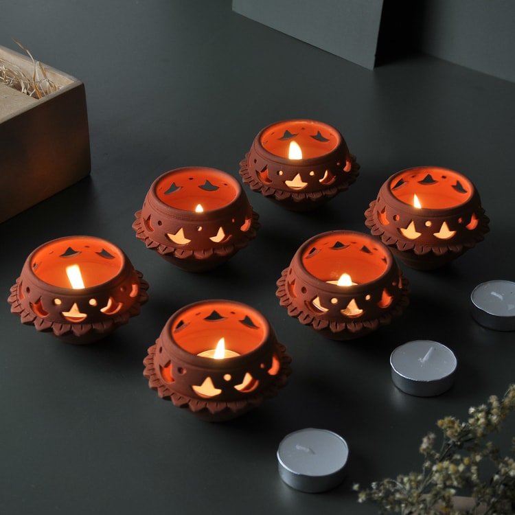 DVI - Set of 6 - Handcrafted terracotta Tealight lamp for your study table, dining table, side table from Festive collection - Festive + All season ( 6 tealight candles also included)-Terracotta-Claymango.com