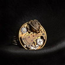 Load image into Gallery viewer, Steampunk ring made of vintage watch parts and sculpted embellishment-Jewellery-Claymango.com
