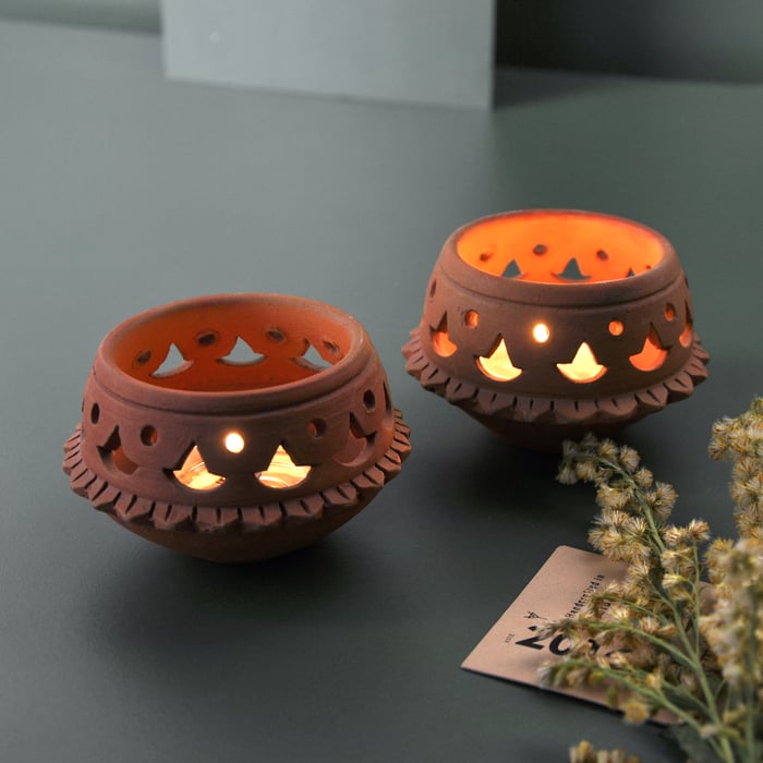DVI - Set of 2 - handcrafted terracotta Tealight lamp for your study table, dining table, side table from Festive collection-Terracotta-Claymango.com