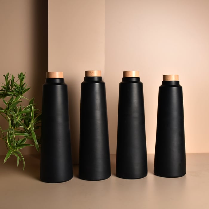 Set of 4 Double baked Black HandmadeTerracotta Earthen (mitti) Clay Bottle - 800ml with Cork and Wooden lid ( Natural Texture- No colours or Chemicals used )-Terracotta-Claymango.com