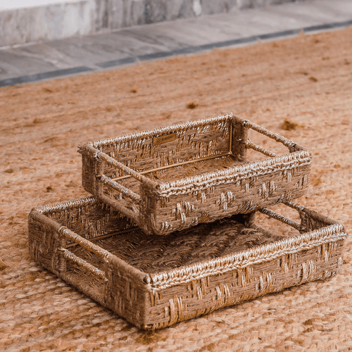 Sona Upcycled Plastic Tray - Sirohi - Colour_Gold, Colour_White, purpose_decor, Purpose_Storage, Rope Material_Natural Jute Fibre, Rope Material_Plastic Waste