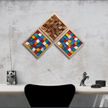 Set of Three Frames Burning and multicolour Modern Wooden pixel Wall sculpture.-Home Décor-Claymango.com