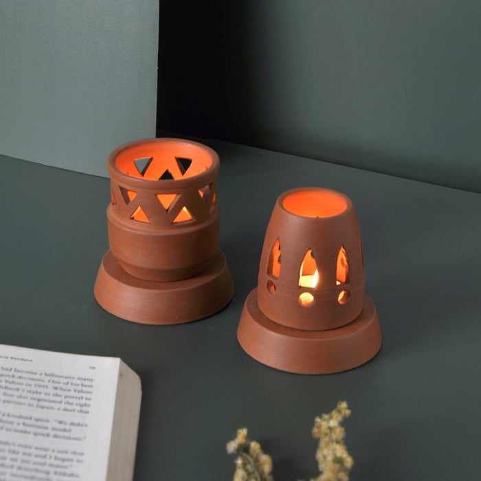 SET OF 2 - (SAMARA-ARDHA) - handcrafted terracotta Tealight lamp (minimal & Contemporary) for your study table, dining table, side table from Festive collection-Terracotta-Claymango.com