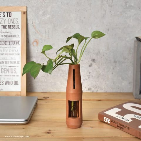 Unique Handmade glass tube Terracotta (clay) Table Top Planter for your workstation.-Terracotta-Claymango.com