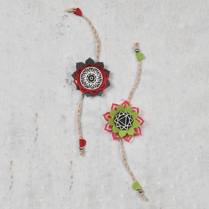 SET OF 2 - Handcrafted Mandala Block Rakhi from Bloom Collection - (Red & Grey) + ( Parrot Green & Pink )-Rakhi-Claymango.com