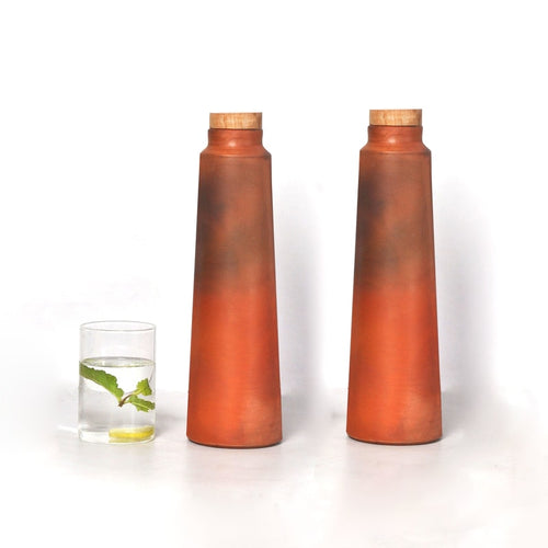 Set of 2 - HandmadeTerracotta Earthen Clay Bottle - 800ml with cork and wooden lid-Terracotta-Claymango.com