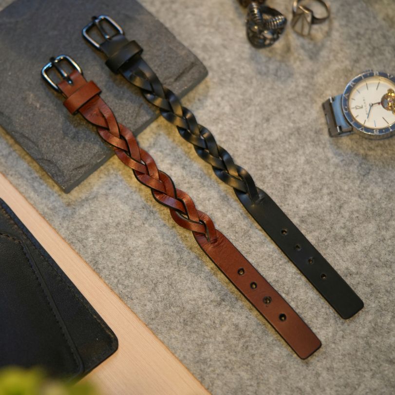 Kubek-Braided genuine leather wrist bands Single Fold - Set of 2 (Black+ Brown)