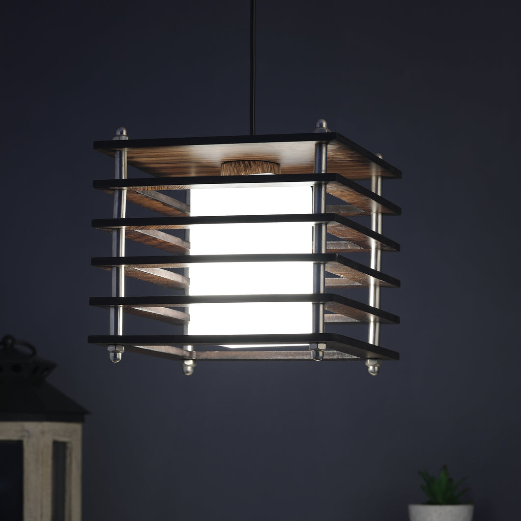 Wooden Square Hanging Light White Glass